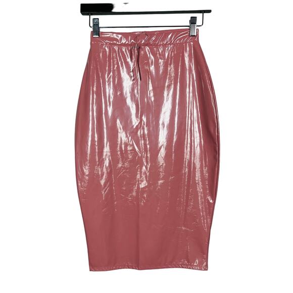 NEW! Asos Petite Wet Plastic Look Skirt Pencil Midi Pink Bodycon Rose - 00 - Picture 1 of 5